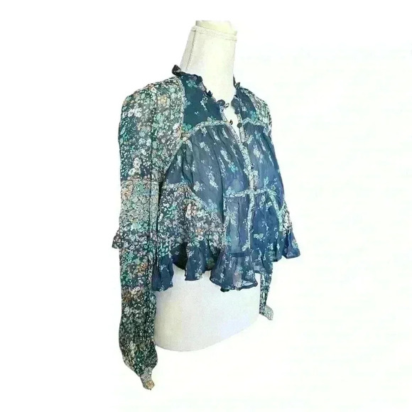 Anthropologie NWT Boho Blue Floral Sheer Babydoll Cropped Oversized Blouse XS - Picture 6 of 10